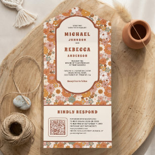 Retro 70's Groovy Colorful Floral QR Code Wedding All In One Invitation