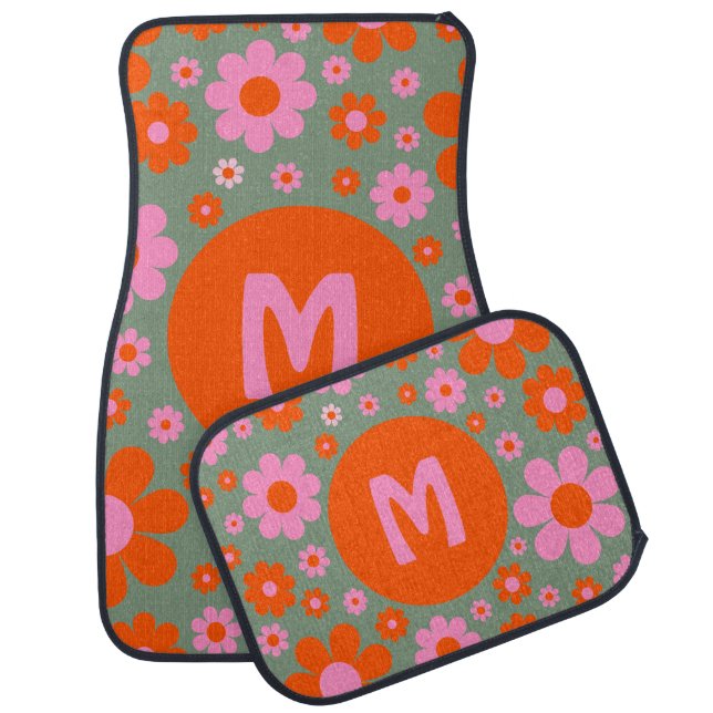 Retro 70s Groovy Daisy Monogram Intial Car Floor Mat (Set)