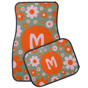 Retro 70s Groovy Daisy Orange green Personalized  Car Floor Mat