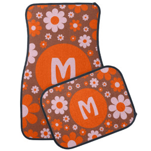 Retro 70s Groovy Daisy Orange Personalized Car Floor Mat