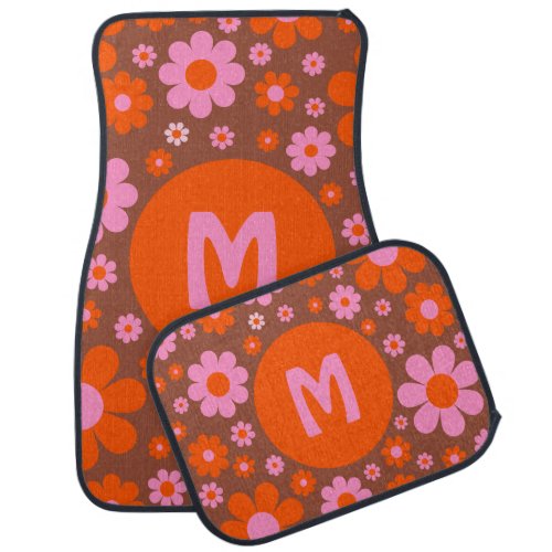 Retro 70s Groovy Daisy Orange Pink Car Floor Mat