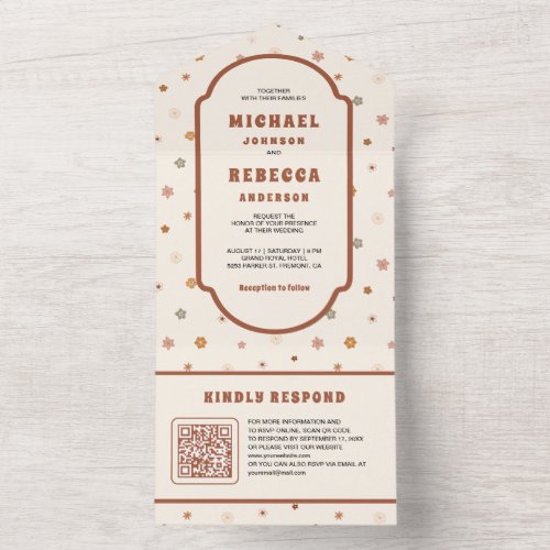 Retro 70's Groovy Delicate Flowers QR Code Wedding All In One Invitation