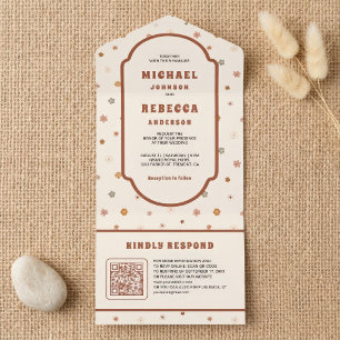 Retro 70's Groovy Delicate Flowers QR Code Wedding All In One Invitation