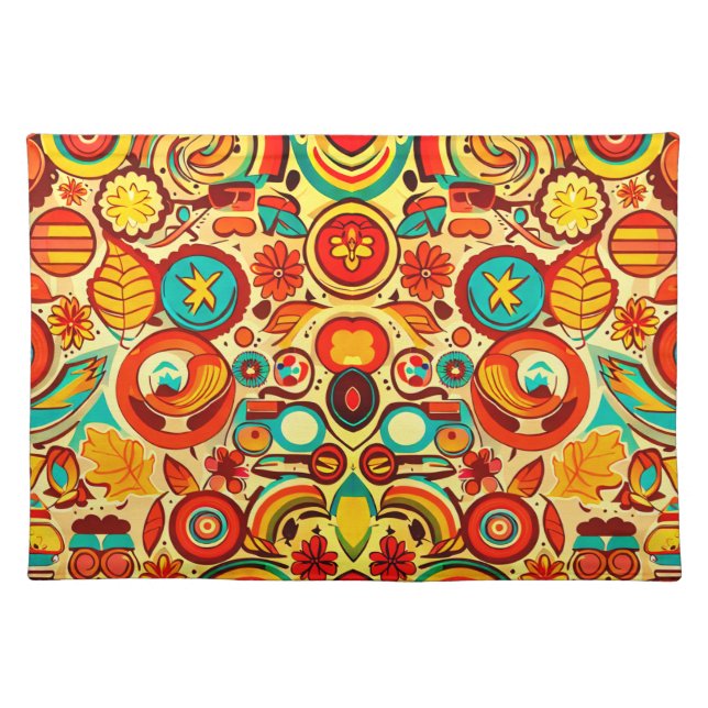 Retro 70s Groovy Fall Autumn Elements Pattern  Cloth Placemat (Front)