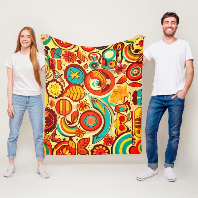 Retro 70s Groovy Fall Autumn Elements Pattern  Fleece Blanket (In Situ)