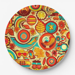 Retro 70s Groovy Fall Autumn Elements Pattern  Paper Plates