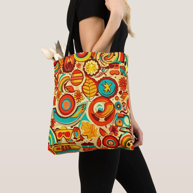 Retro 70s Groovy Fall Autumn Elements Pattern Tote Bag (Close Up)