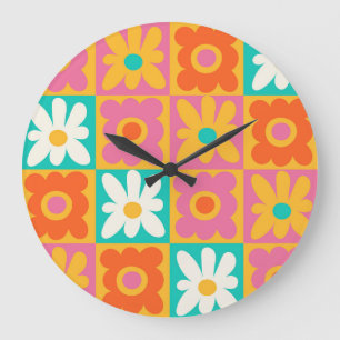 Retro 70s Groovy Floral Checkerboard Colorful Large Clock
