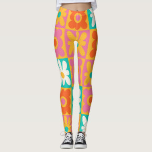 Retro 70s Groovy Floral Checkerboard Colorful Patt Leggings