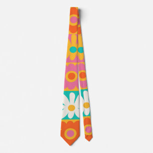 Retro 70s Groovy Floral Checkerboard Colorful Patt Neck Tie