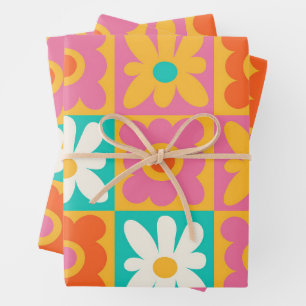 Retro 70s Groovy Floral Checkerboard Colorful Patt Wrapping Paper Sheets