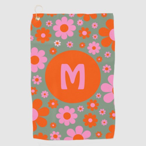 Retro 70s Groovy Floral Orange Pink Green Golf Towel