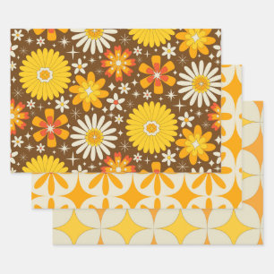Retro 70s Groovy  Flowers with Atomic Starbursts  Wrapping Paper Sheets