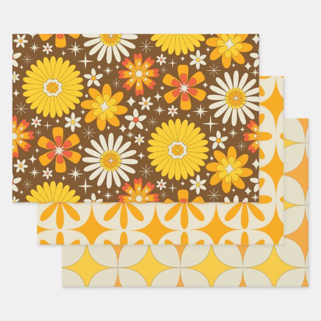 Retro 70s Groovy  Flowers with Atomic Starbursts  Wrapping Paper Sheets (Set)