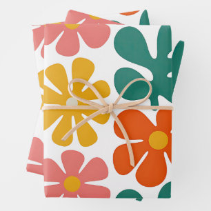 Retro 70s Groovy Folk Art Floral Pattern Wrapping Paper Sheets