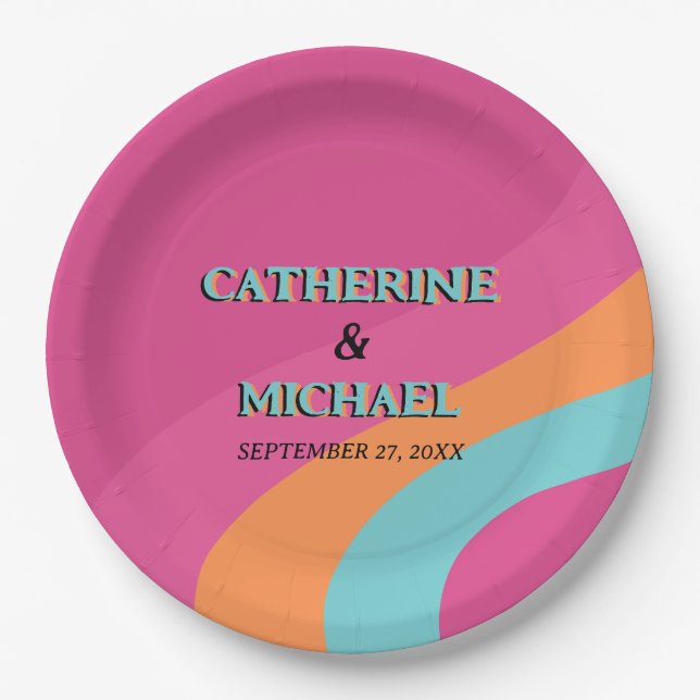 Retro 70s Groovy Fuchsia Fun Wedding Paper Plates (Front)