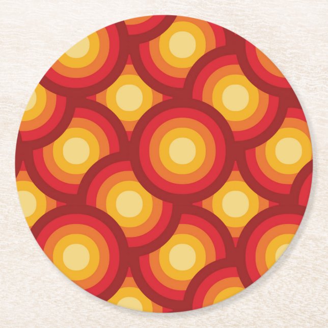 Retro 70s Groovy Geometric  Circles Pattern  Round Paper Coaster (Front)