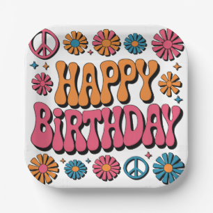 Retro 70s Groovy Happy Birthday Greeting Paper Plates