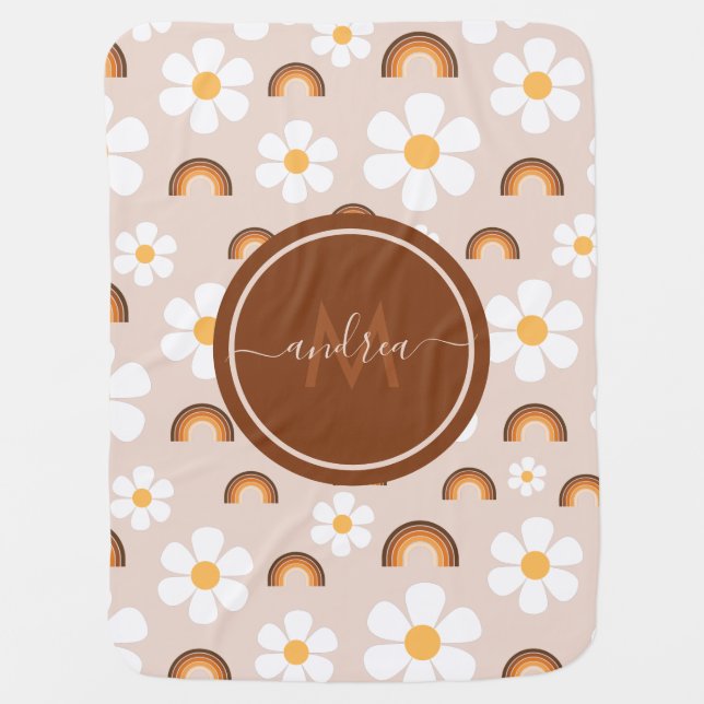 Retro 70s Groovy Hippie Daisy & Rainbow Monogram Baby Blanket (Front)