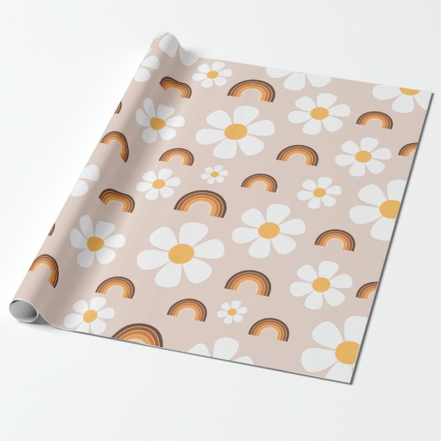 Retro 70s Groovy Hippie Daisy & Terracotta Rainbow Wrapping Paper (Unrolled)