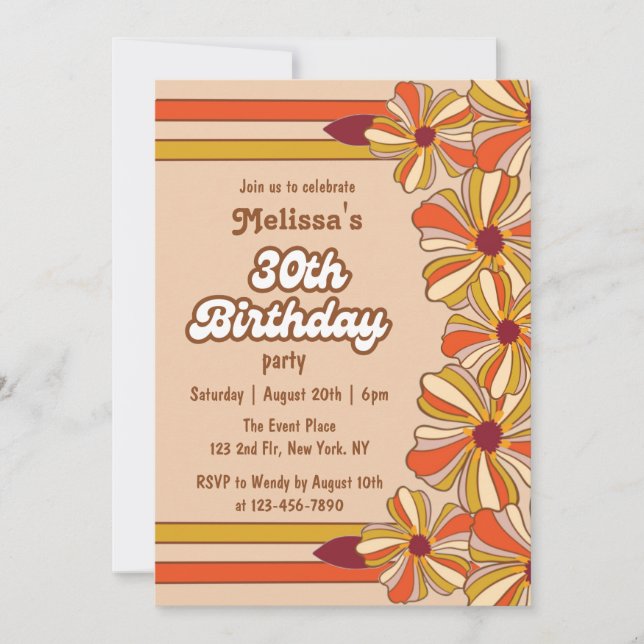 Retro 70s Groovy Hippie Flower 30th Birthday  Invitation (Front)
