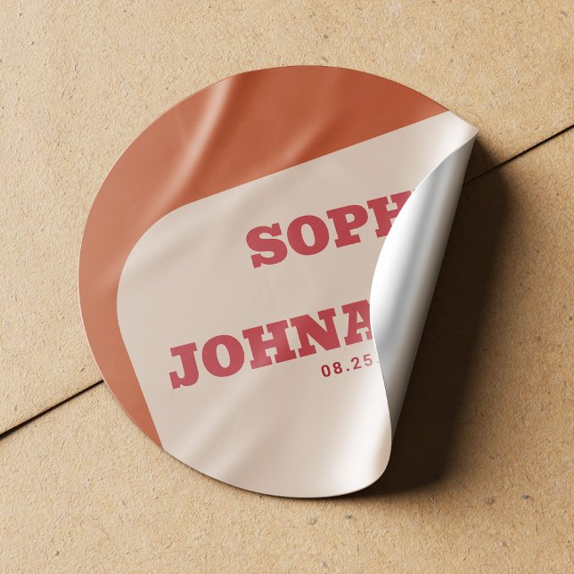 Retro 70s groovy orange red wedding classic round sticker (Creator Uploaded)