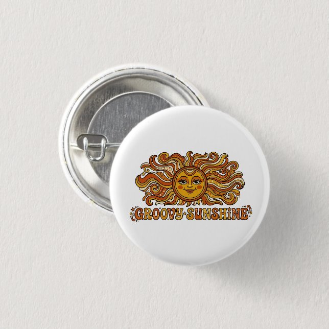 Retro 70s Groovy Sunshine Smiling Sun Button (Front & Back)