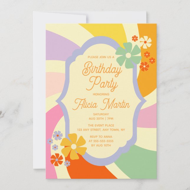 Retro 70s Groovy Wave Flower Birthday Party Invitation (Front)