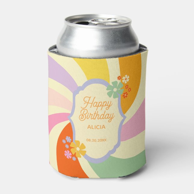 Retro 70s Groovy Wave Flower Happy Birthday Can Cooler (Can Front)
