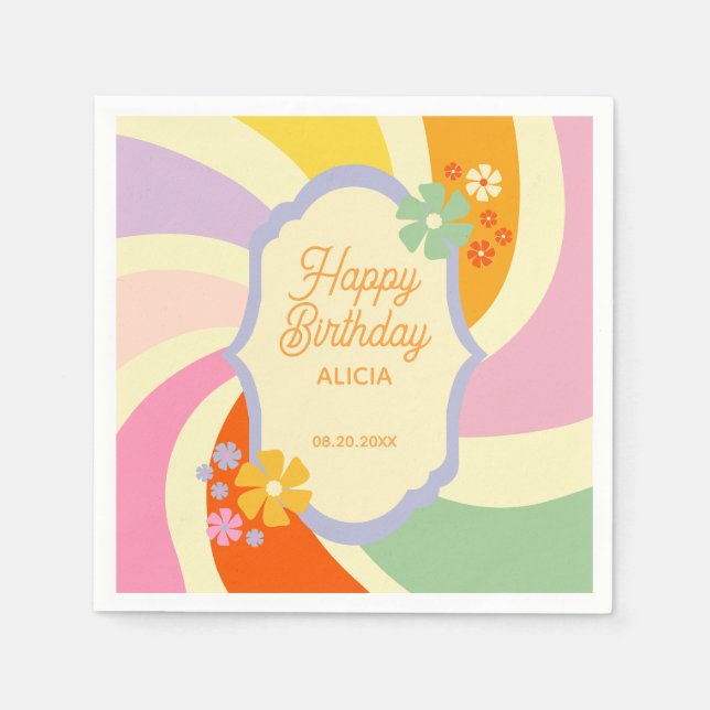 Retro 70s Groovy Wave Flower Happy Birthday Napkins (Front)
