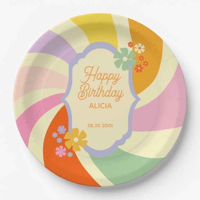 Retro 70s Groovy Wave Flower Happy Birthday Paper Plates (Front)