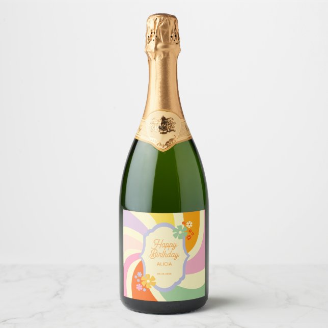 Retro 70s Groovy Wave Flower Happy Birthday Sparkling Wine Label (Front)