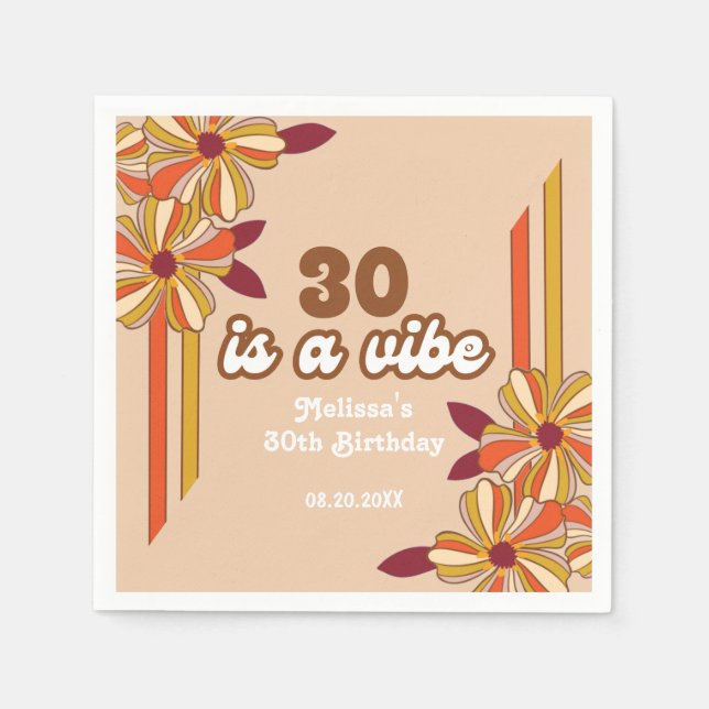 Retro 70s Hippie Flower 30th Birthday Napkins (Front)