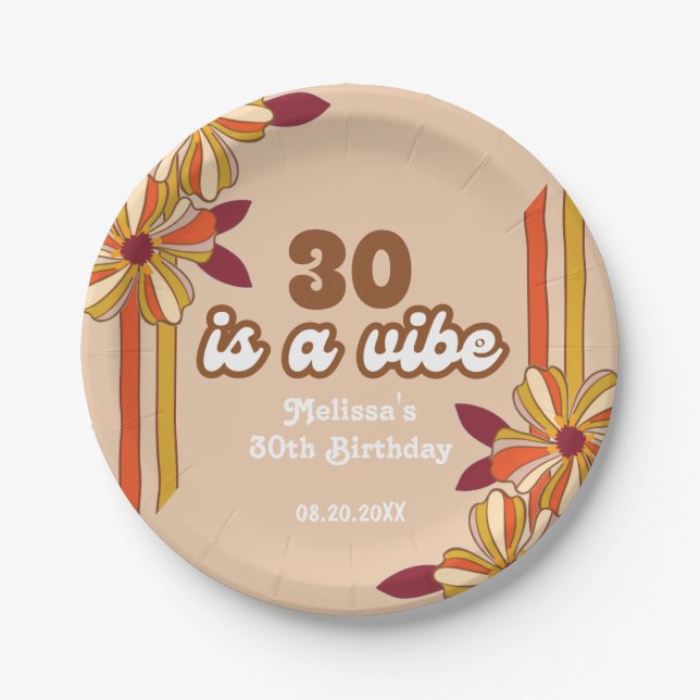 Retro 70s Hippie Flower 30th Birthday Paper Plates (Front)
