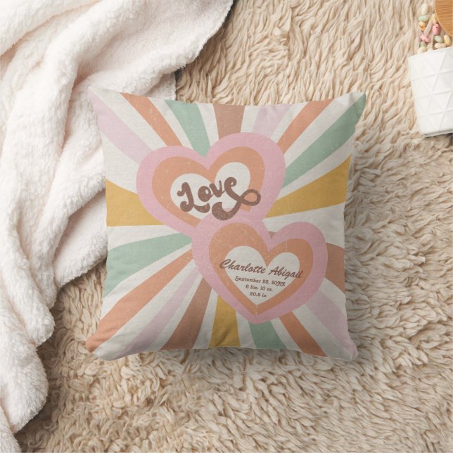 Retro 70s Hippy Love Heart Baby Girl Birth Stats Throw Pillow (Blanket)