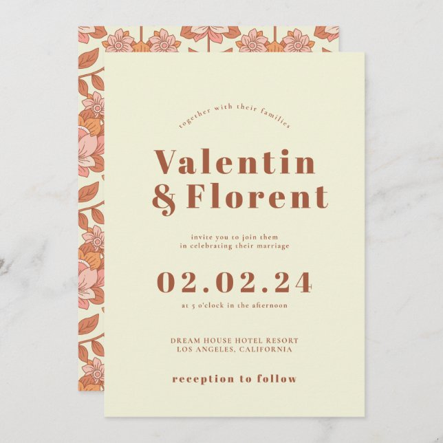 Retro 70s inspired Orange Wedding Invitation  (Front/Back)