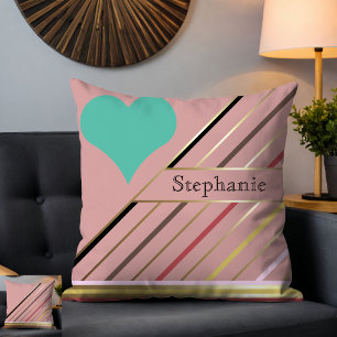 Retro 70s Inspired Stripes Rose and Gold  Throw Pillow