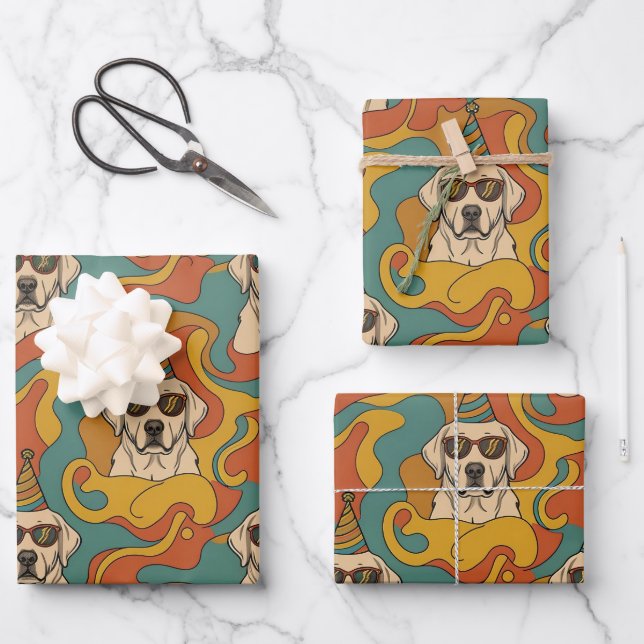 Retro 70s Labrador Retriever Birthday Wrapping Paper Sheets (Front)
