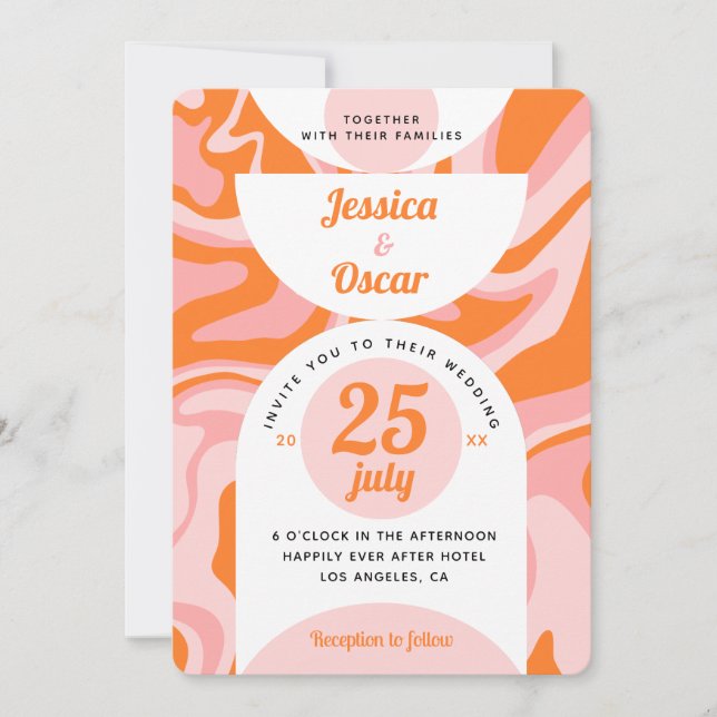 Retro 70s Liquid Swirl Boho Pink Orange Wedding Invitation (Front)