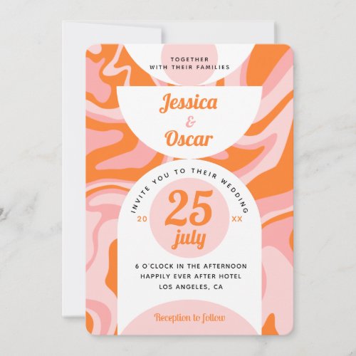 Retro 70s Liquid Swirl Boho Pink Orange Wedding Invitation