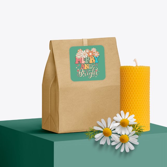 Retro 70's Merry and Bright Happy Flowers Square Sticker (Creator Uploaded)