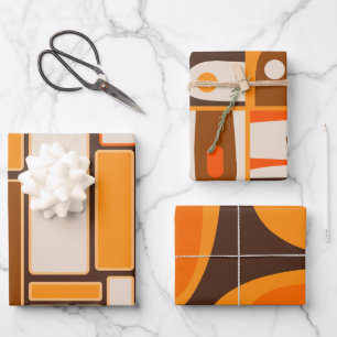 Retro 70s Mid Century Modern Abstract Brown Orange Wrapping Paper Sheets