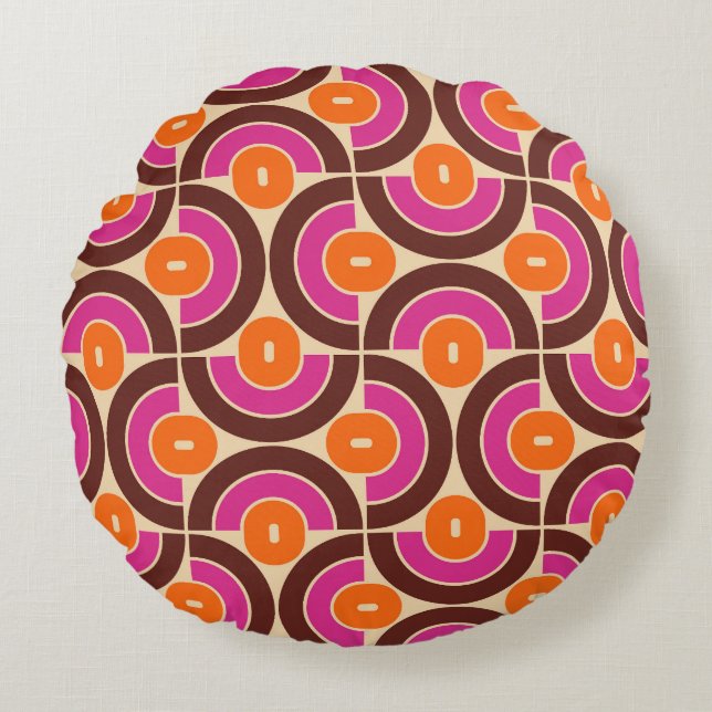 Retro 70s Mid Mod Geometric Pattern Round Pillow (Front)