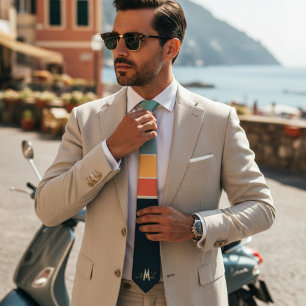 Retro 70s Mod Navy Pink Stripes Pattern Monogram Neck Tie