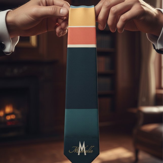 Retro 70s Mod Navy Pink Stripes Pattern Monogram Neck Tie (Creator Uploaded)