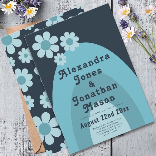 Retro 70s Modern Blue Wedding Invitation