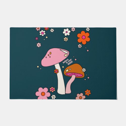 Retro 70s Mushrooms And Flowers Navy Blue Doormat