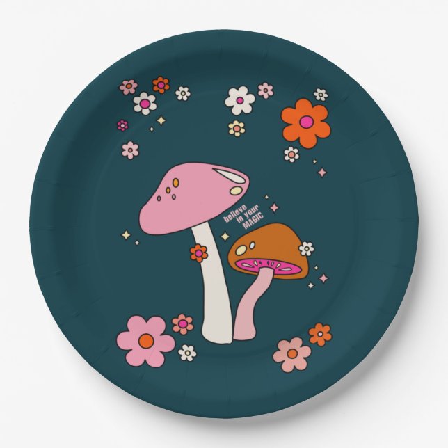 Retro 70s Mushrooms And Flowers Navy Blue Paper Plates (Front)