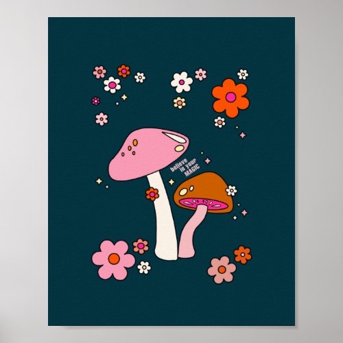 Retro 70s Mushrooms And Flowers Navy Blue Poster