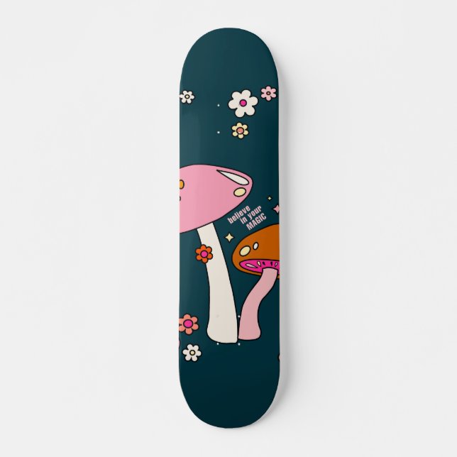 Retro 70s Mushrooms And Flowers Navy Blue Skateboard (Front)